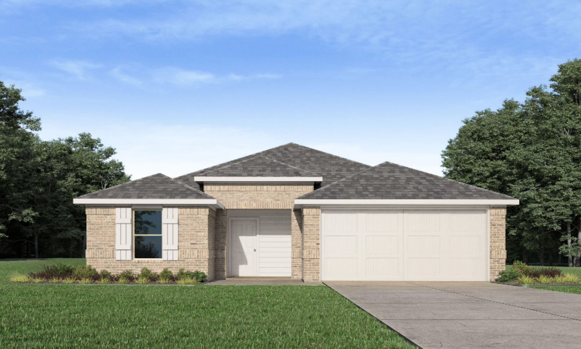 Single-story house rendering with two-car garage.