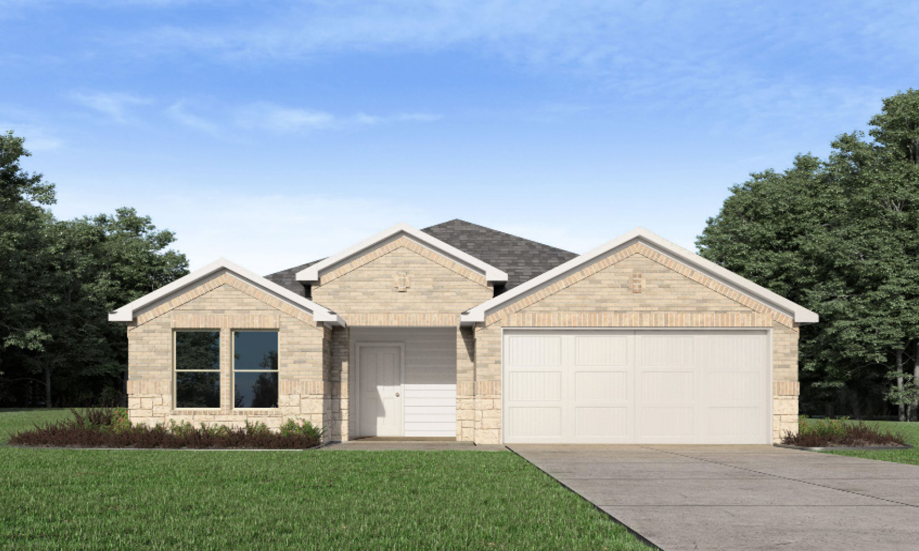 Single-story house rendering with two-car garage.