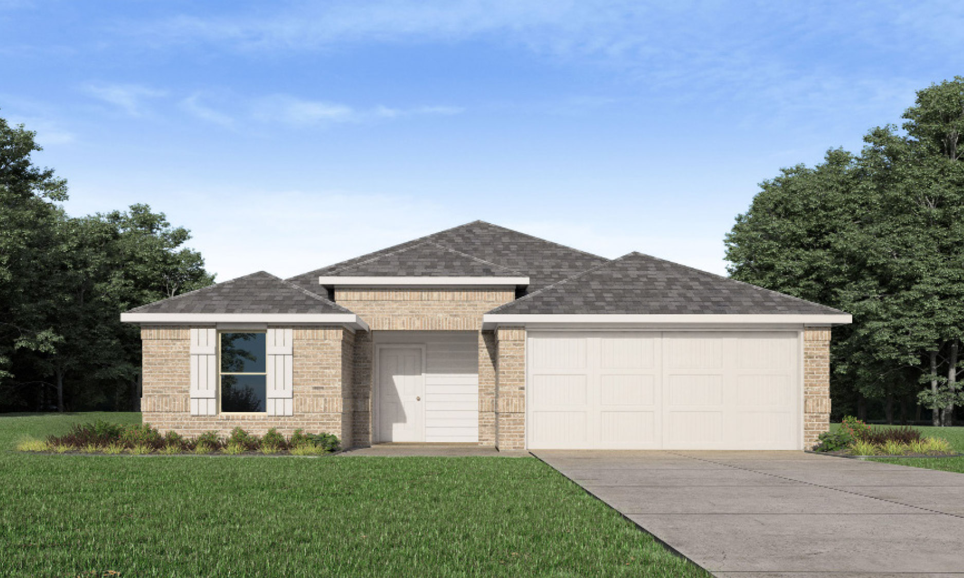 Single-story house rendering with two-car garage.