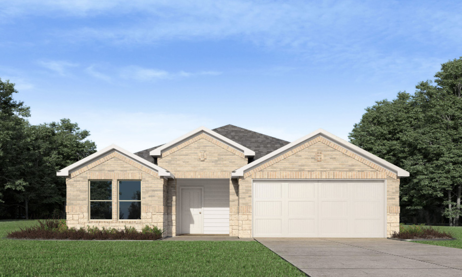 Single-story house rendering with two-car garage.