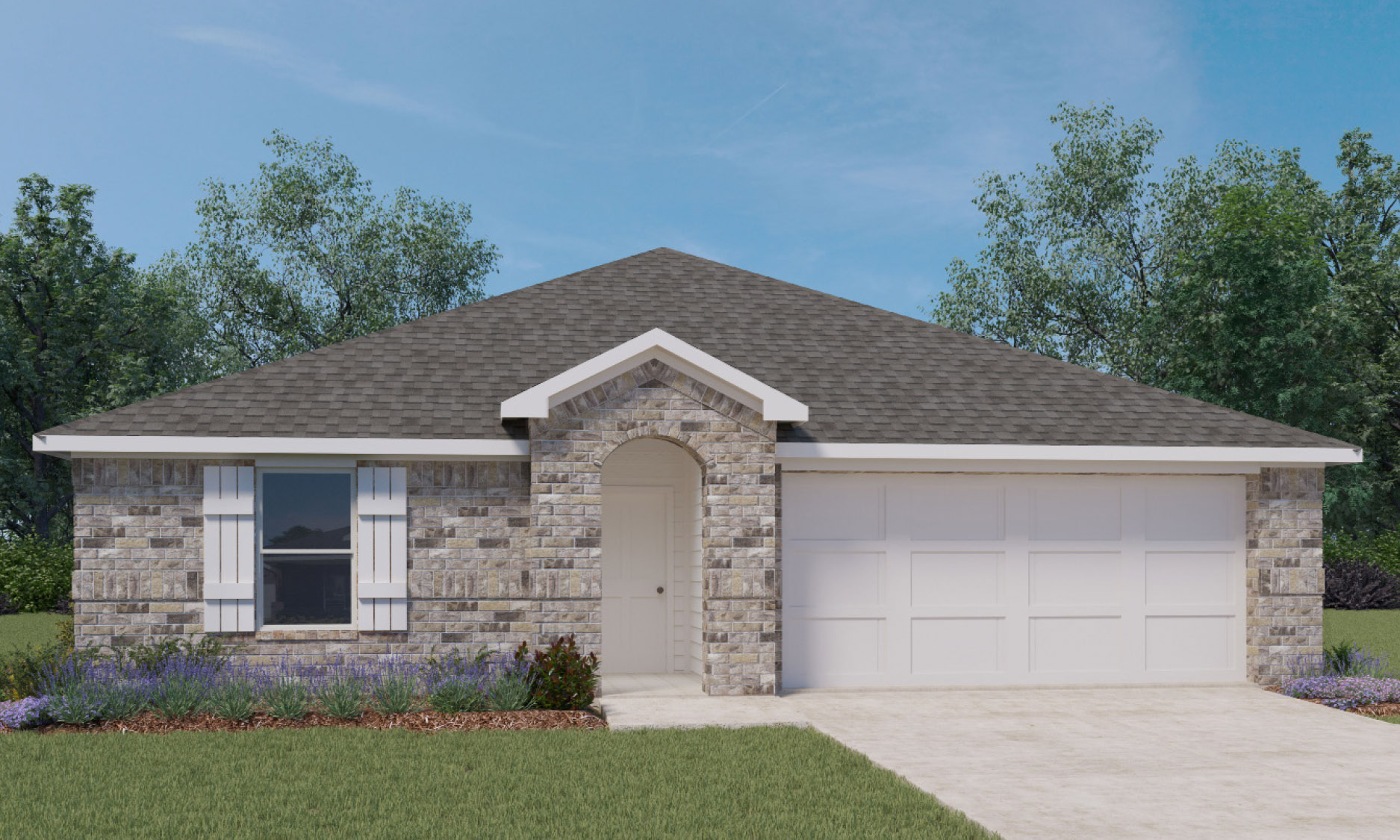 Single-story home rendering with a two-car garage.