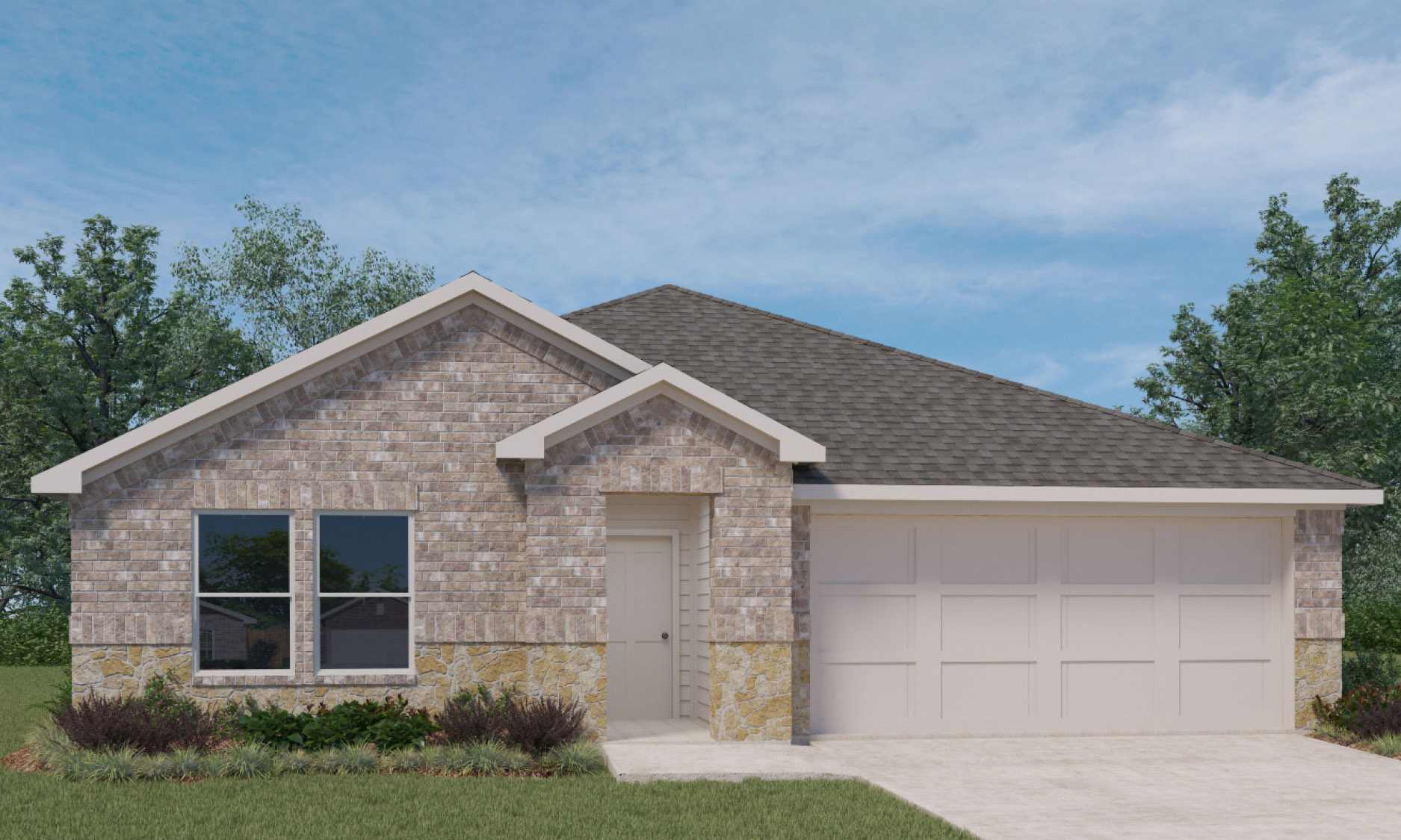 Single-story home rendering with a two-car garage.