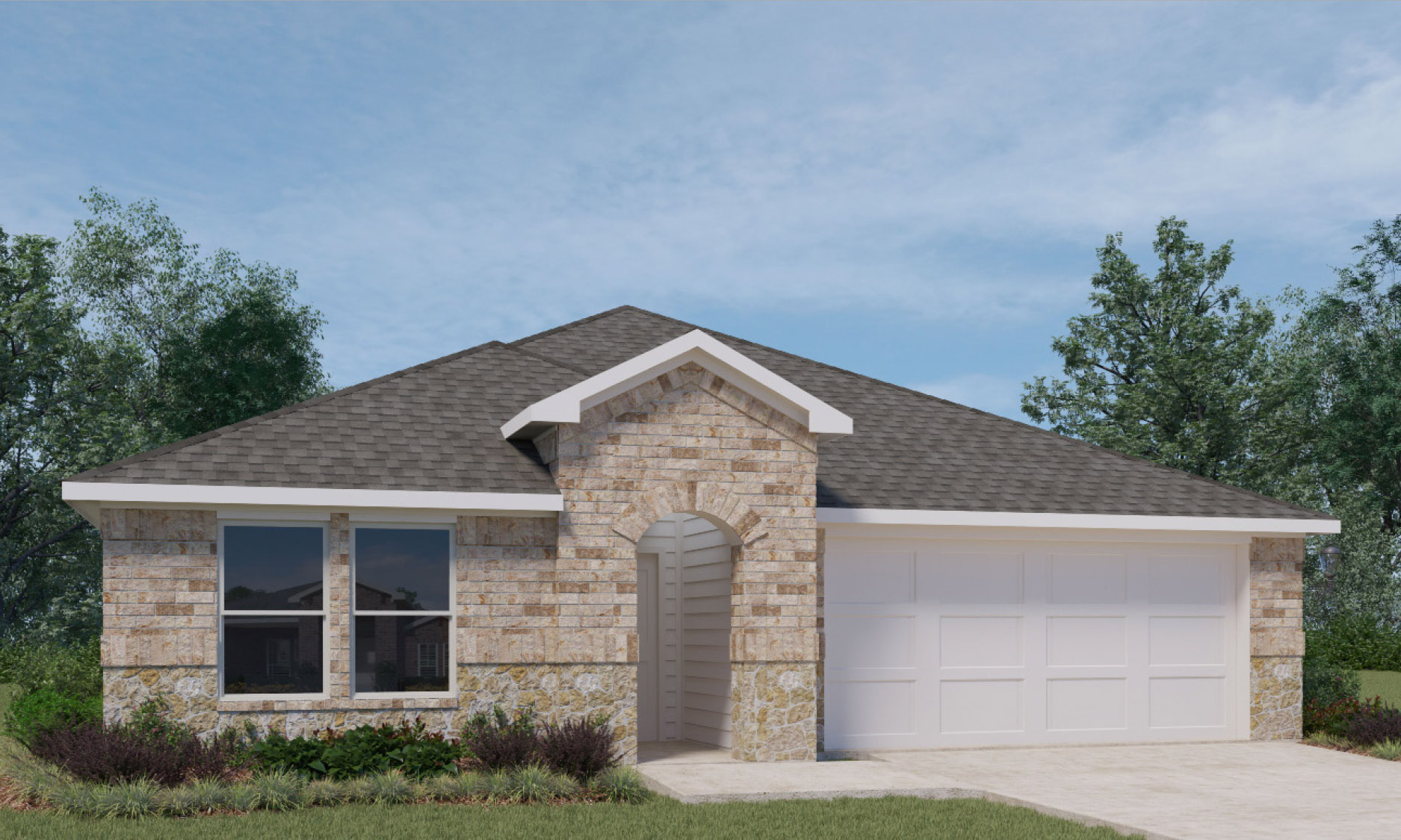 Single-story house rendering with two-car garage.