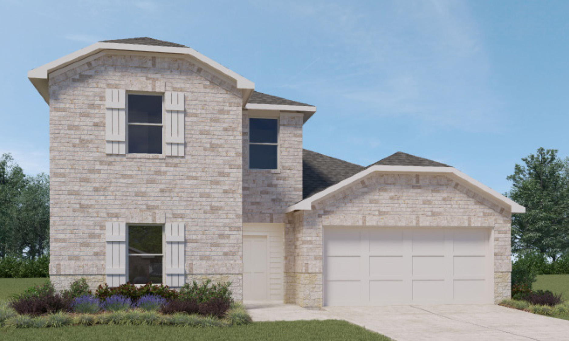 Two-story house rendering with two-car garage.