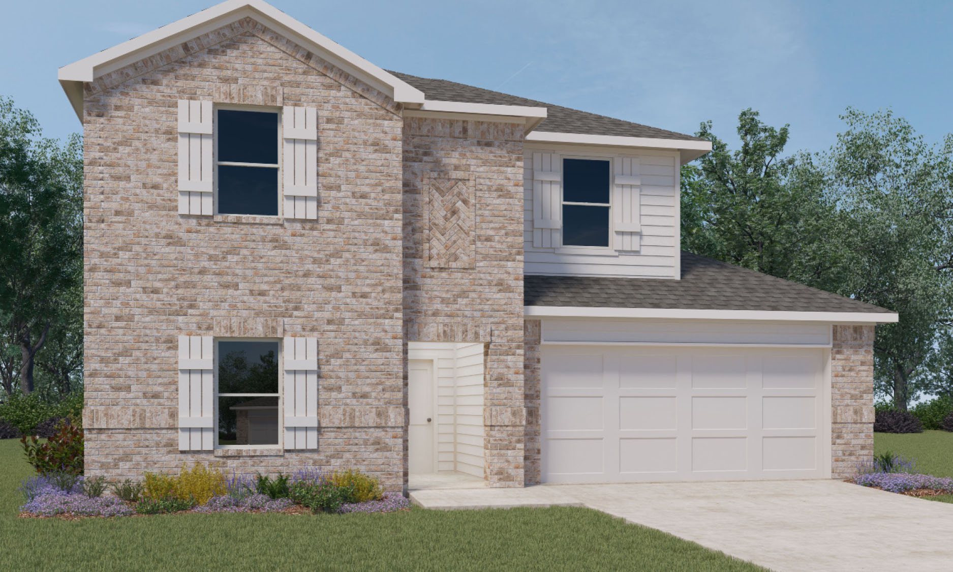 Two-story house rendering with two-car garage.