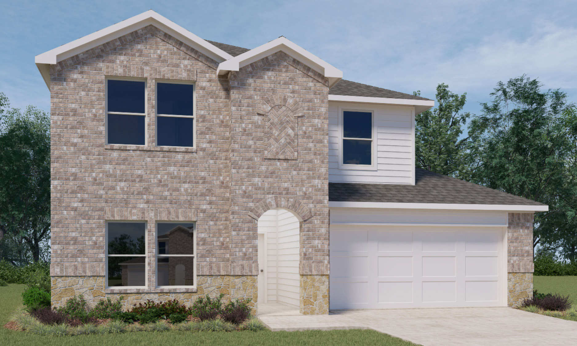 Two-story house rendering with two-car garage.