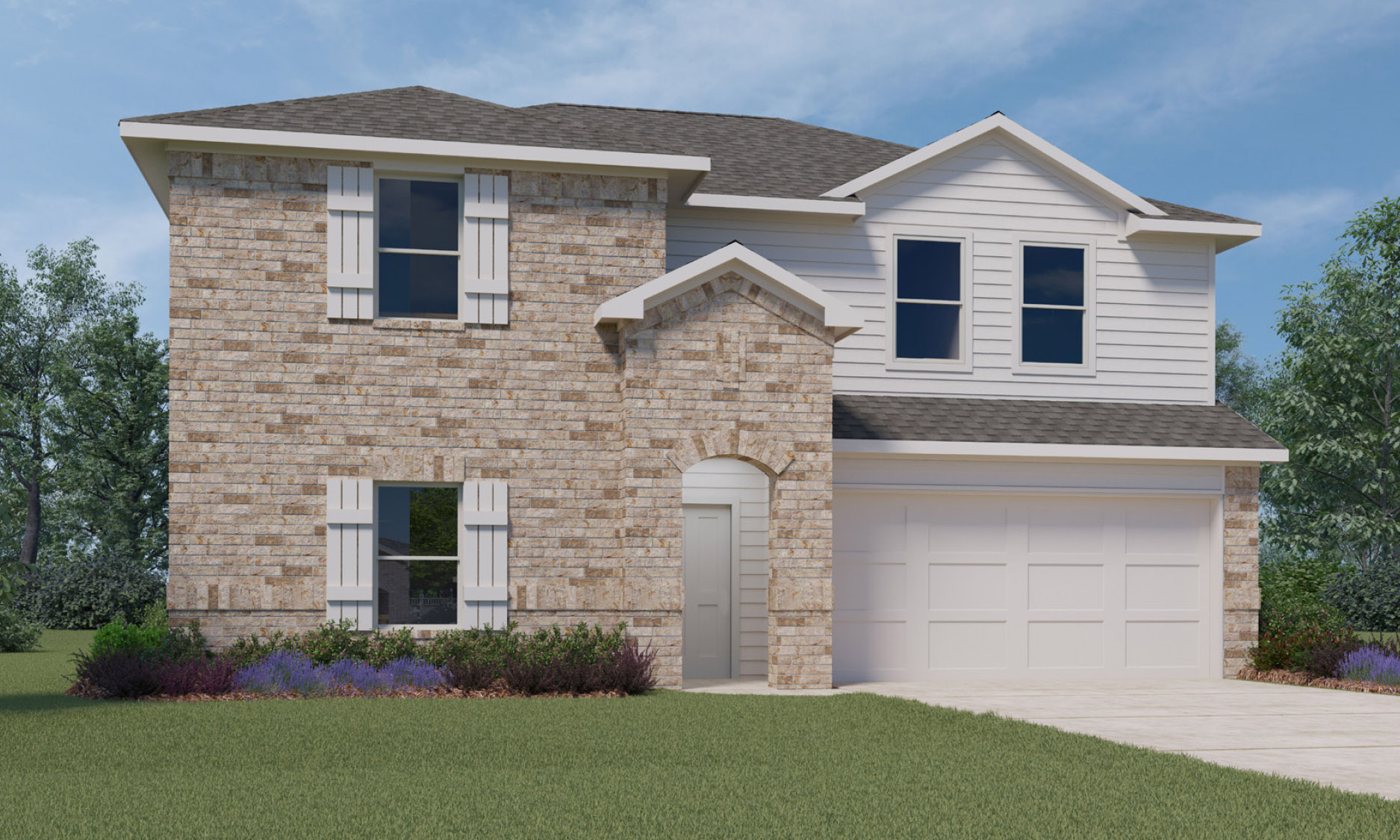 Two-story home rendering with a two-car garage.