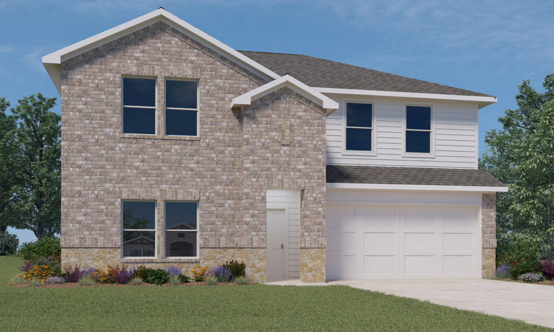 Two-story home rendering with a two-car garage.