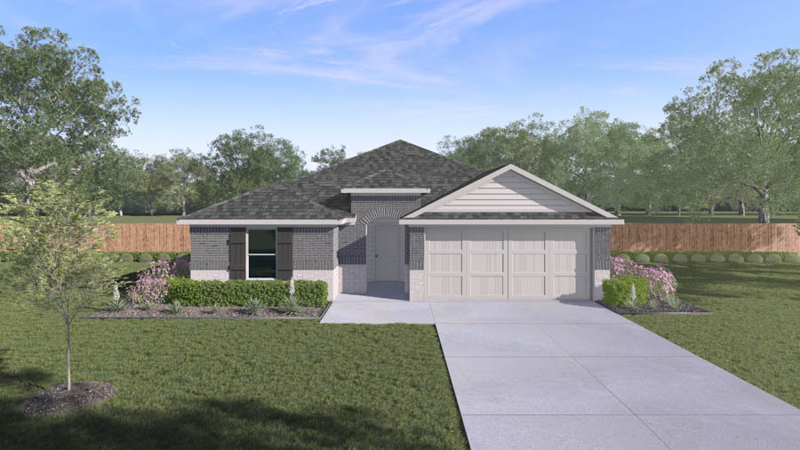 Single-story house rendering with two-car garage.