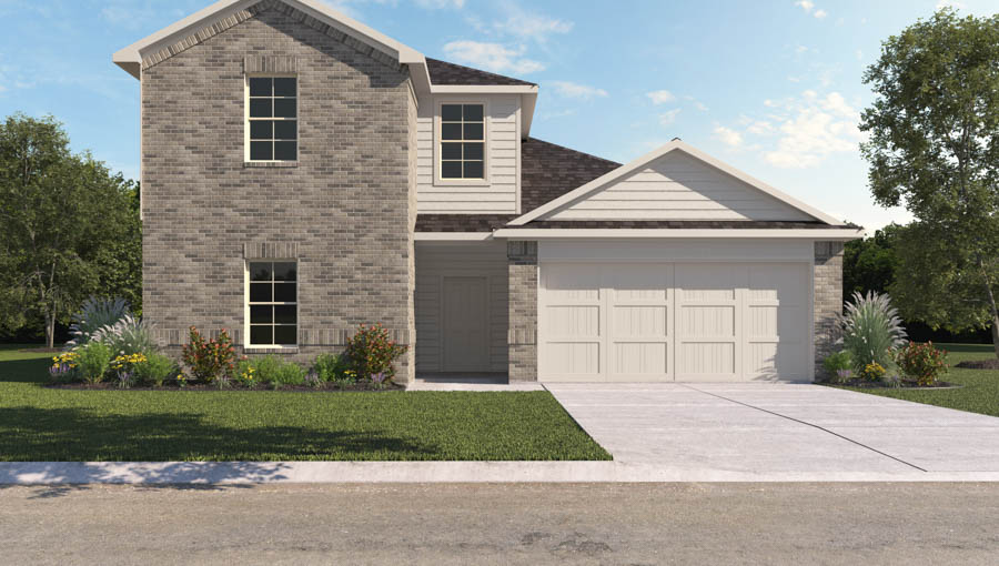 Two-story house rendering with two-car garage.