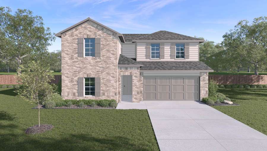 Single-story house rendering with two-car garage.