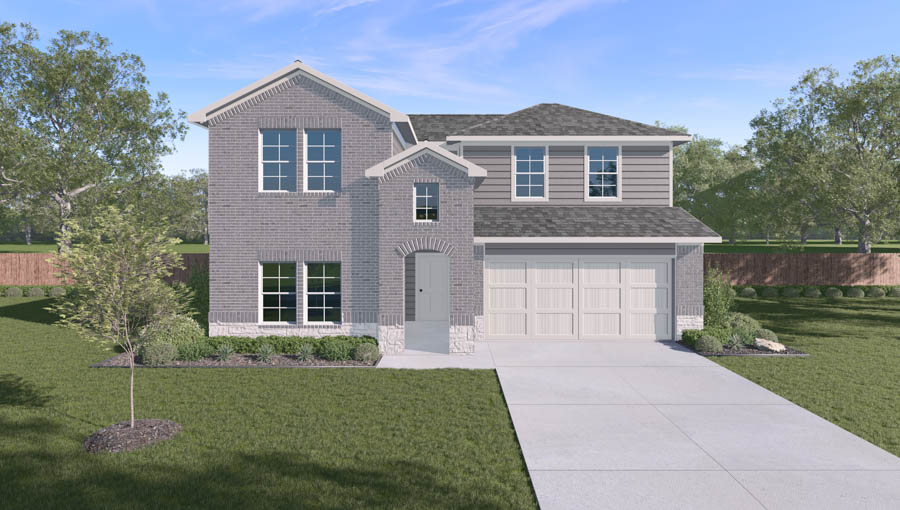 Single-story house rendering with two-car garage.
