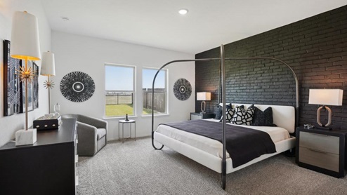 Master bedroom with carpet flooring