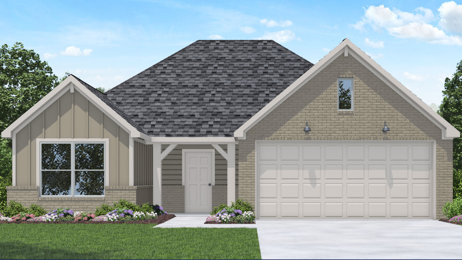 Single-story house rendering with two-car garage.