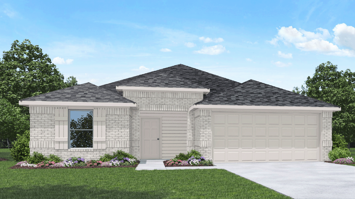 Single-story house rendering with two-car garage.