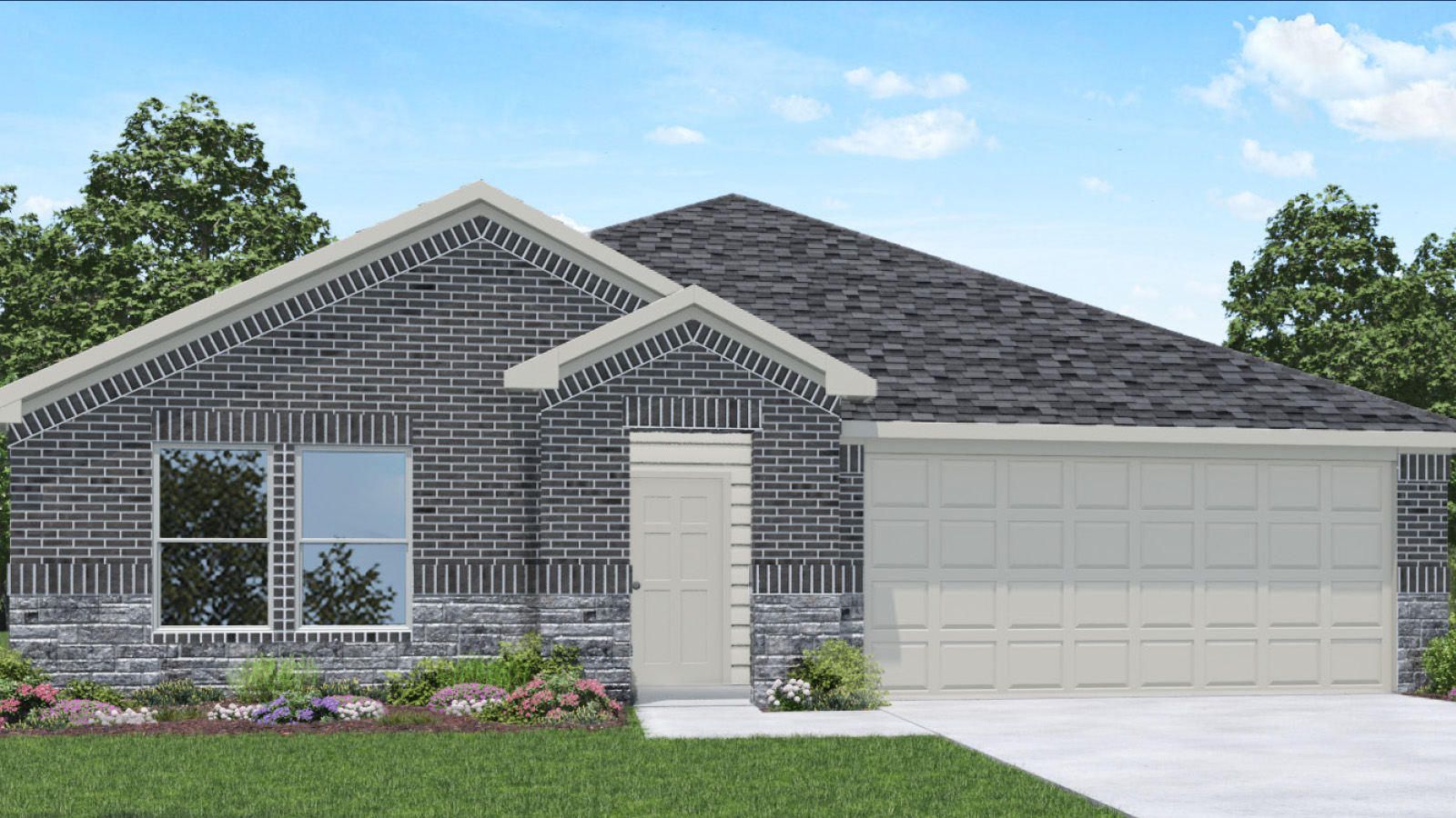 Single-story house rendering with two-car garage.