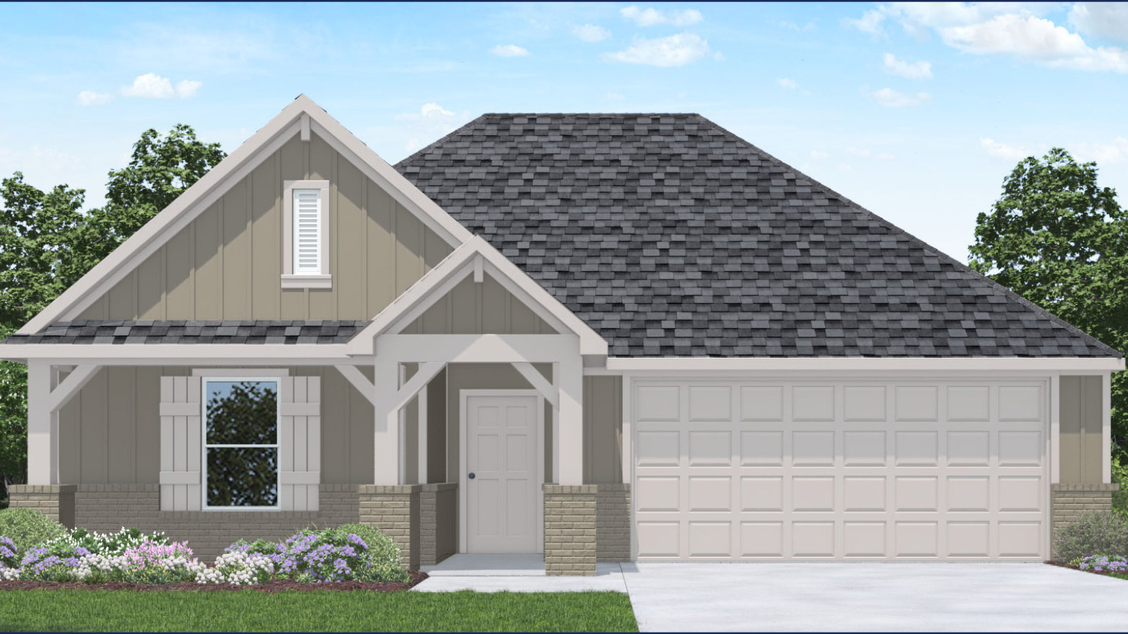 Single-story house rendering with two-car garage.