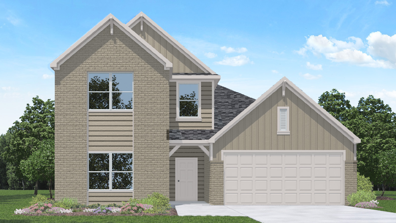 Two-story house rendering with two-car garage.