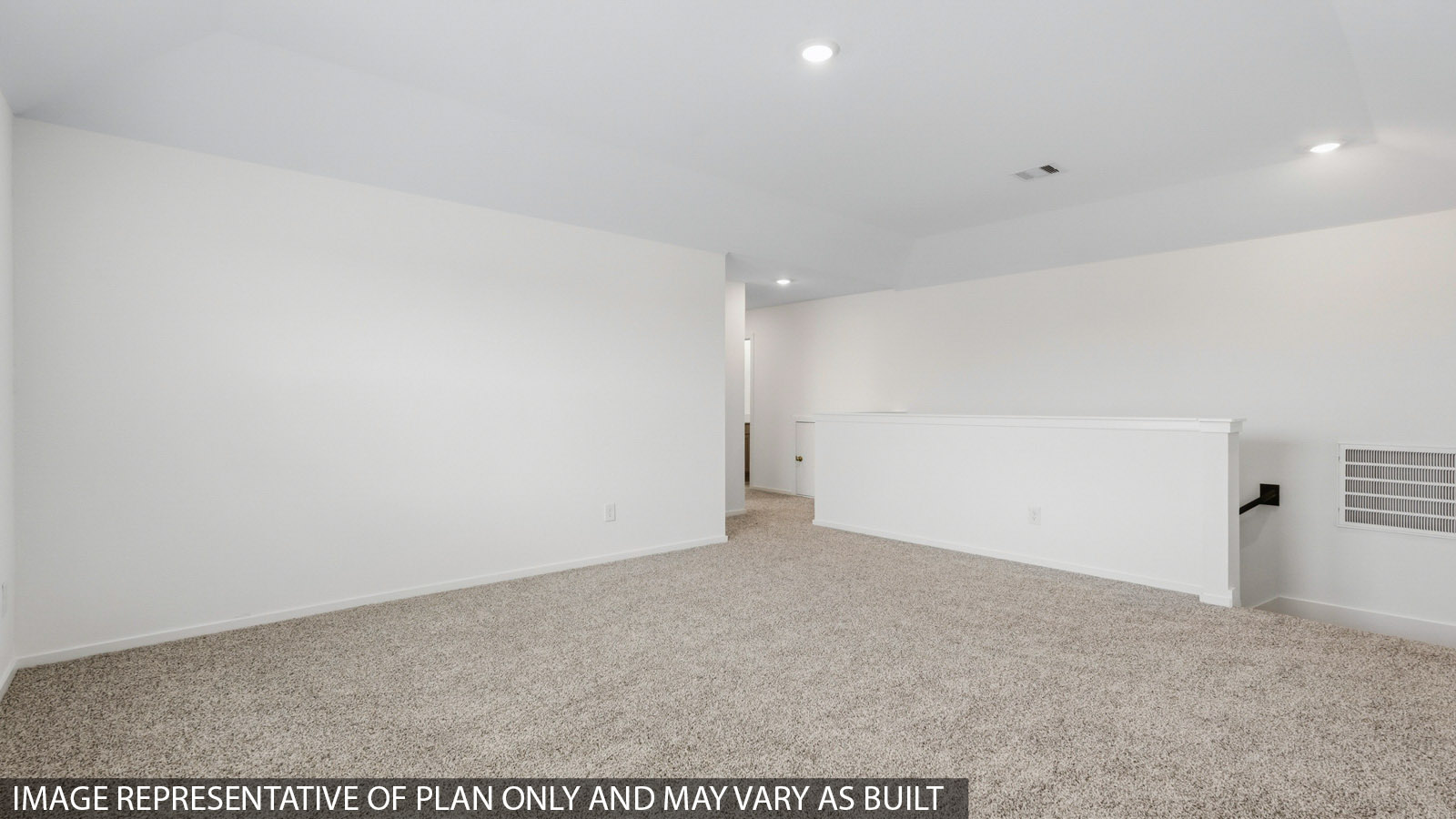 Second story game room with carpet flooring