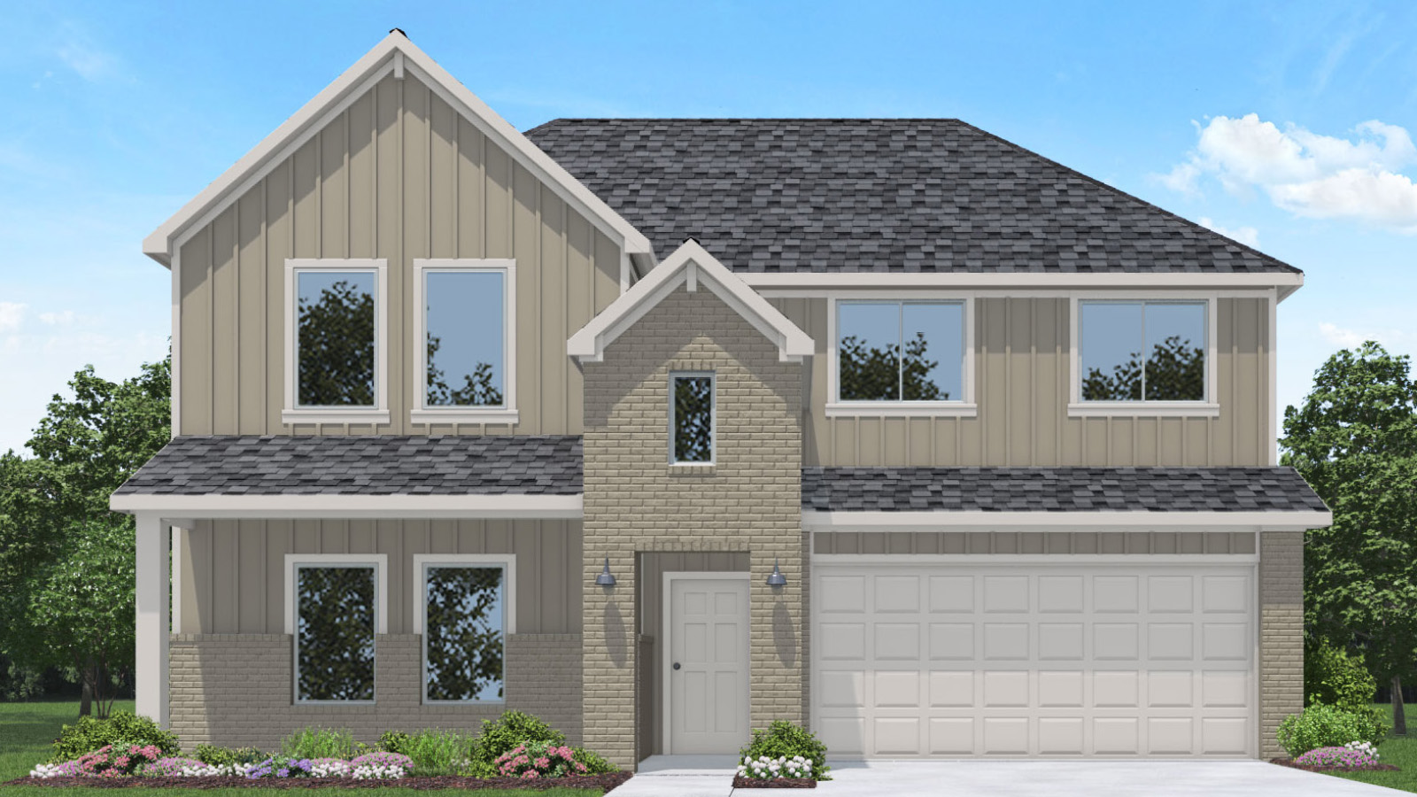 Two-story house rendering with two-car garage.