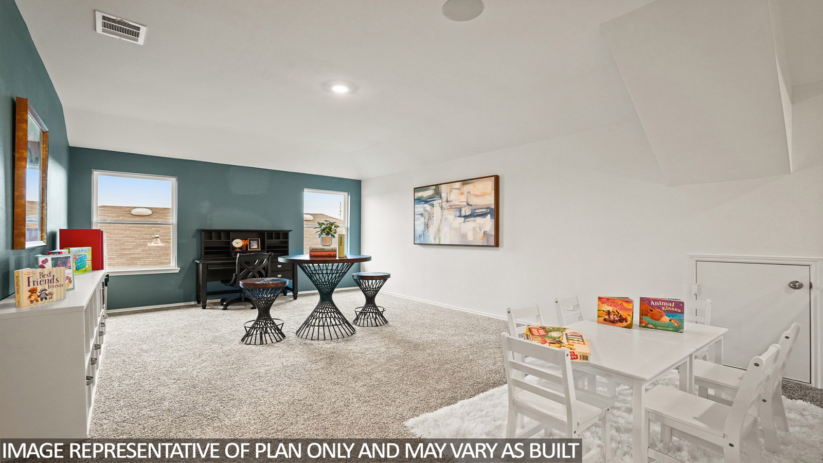 Second story game room with carpet flooring