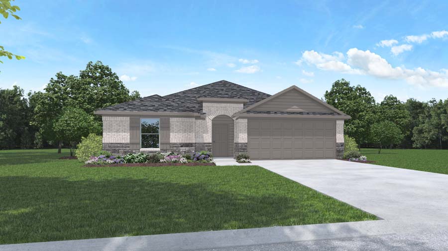 Single-story house rendering with two-car garage.