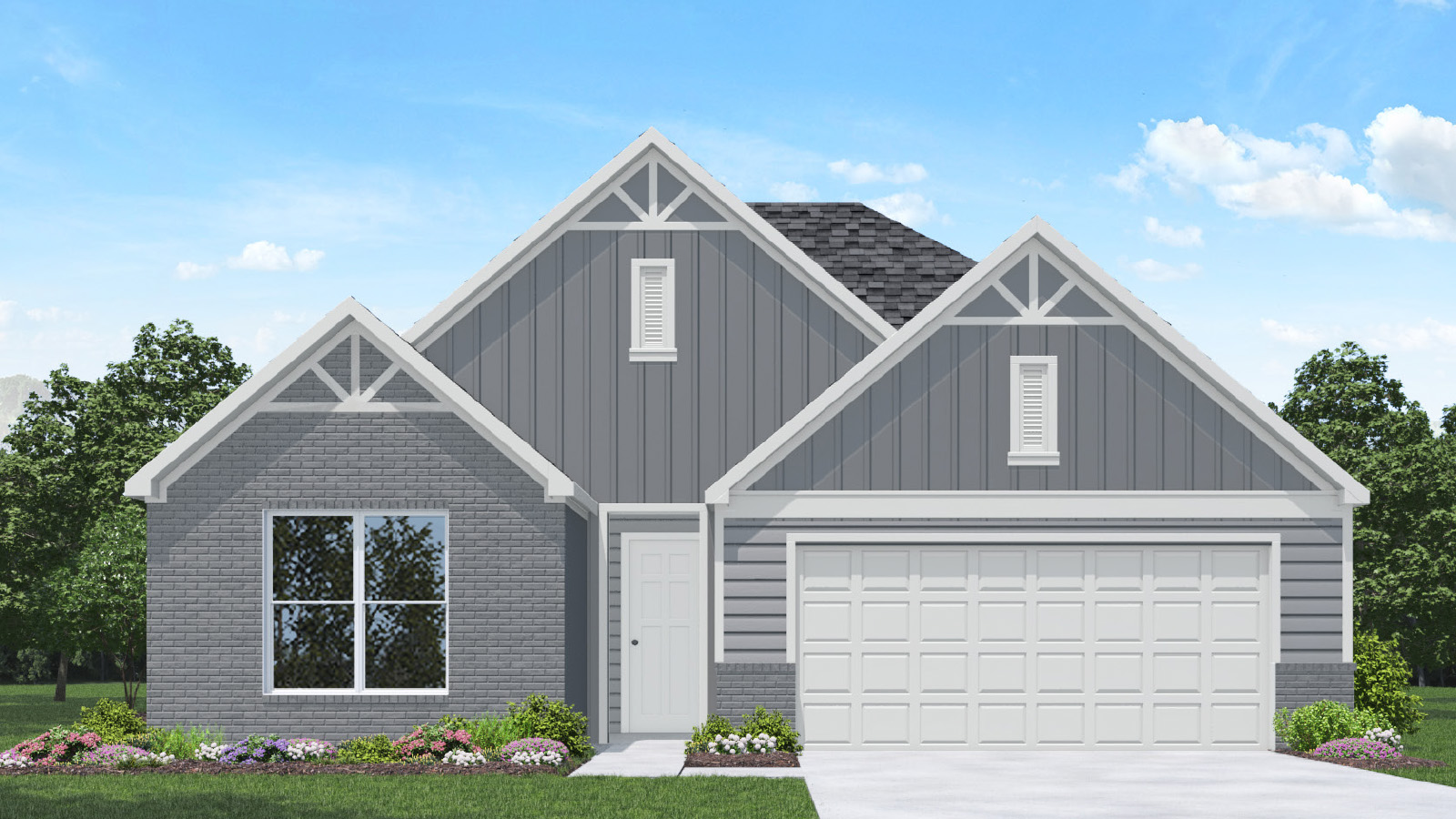 Single-story house rendering with two-car garage.