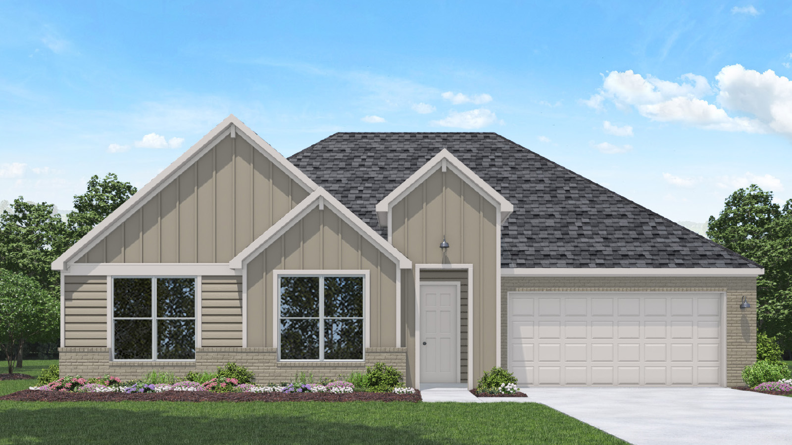 Single-story house rendering with two-car garage.