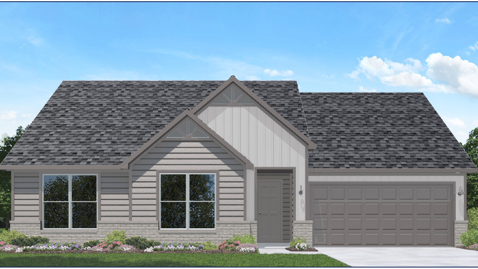 Single-story house rendering with two-car garage.