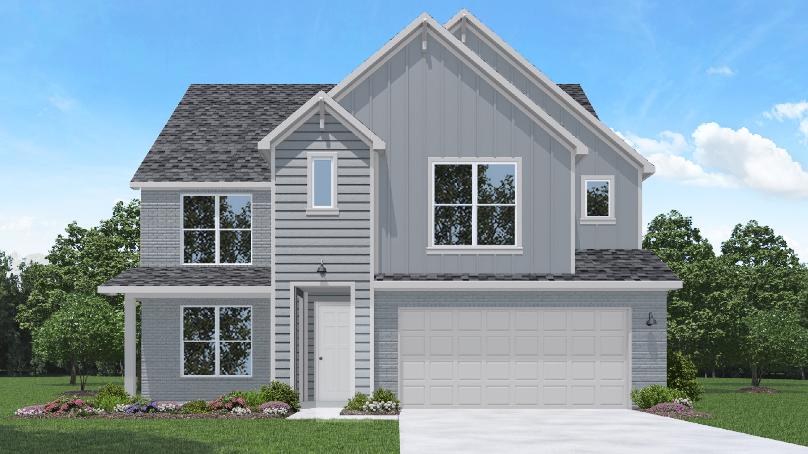 Two-story house rendering with two-car garage.