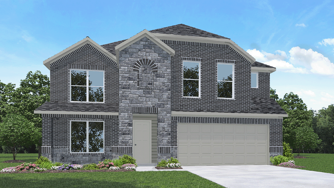 Two-story house rendering with two-car garage.
