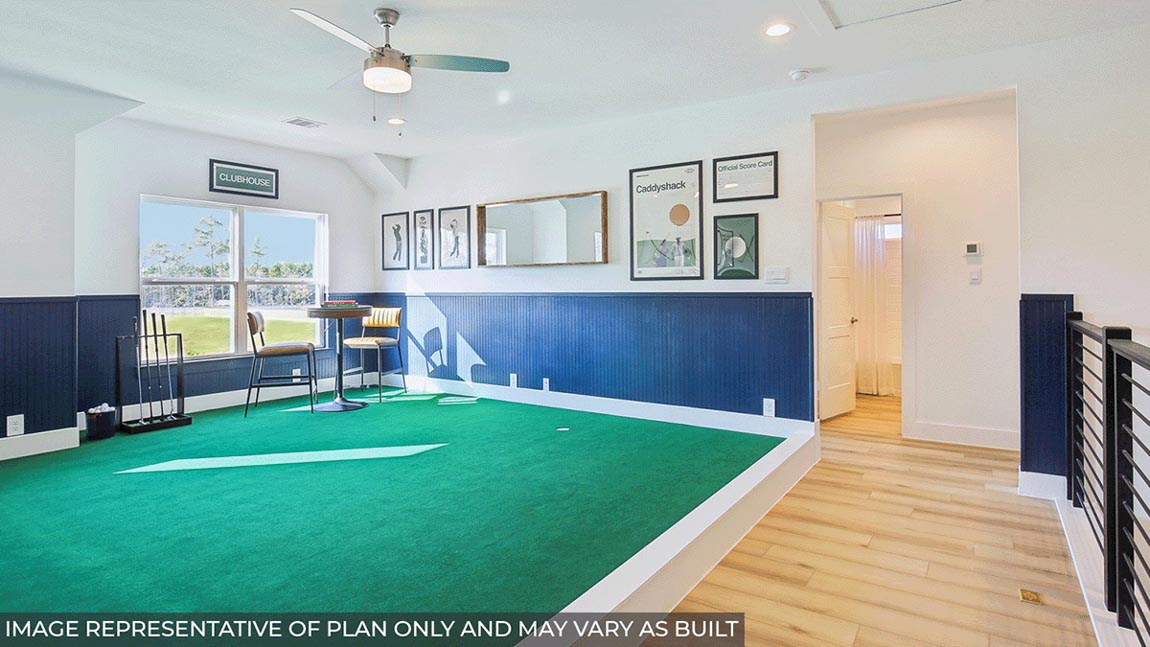 Second story game room with carpet flooring