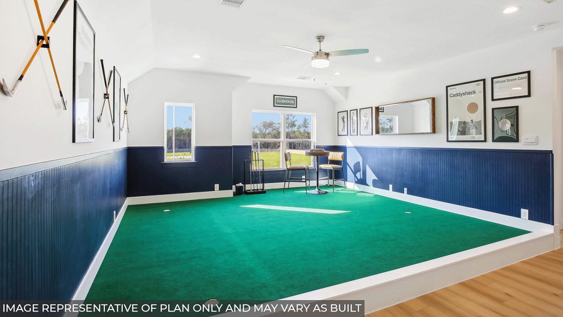 Second story game room with carpet flooring