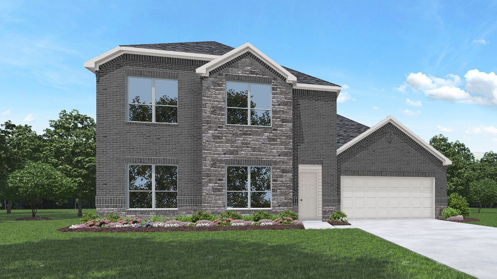 Two-story house rendering with two-car garage.