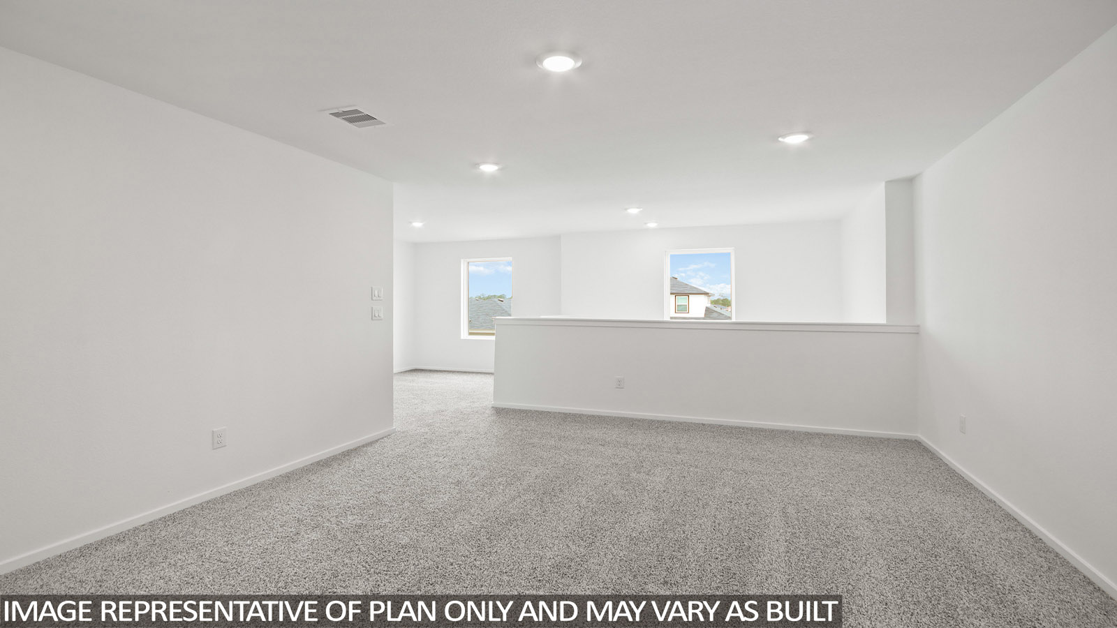 Second story game room with carpet flooring