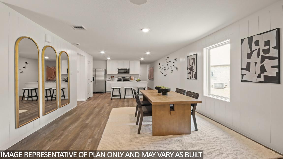 Open concept living and dining area with vinyl flooring and bright windows.