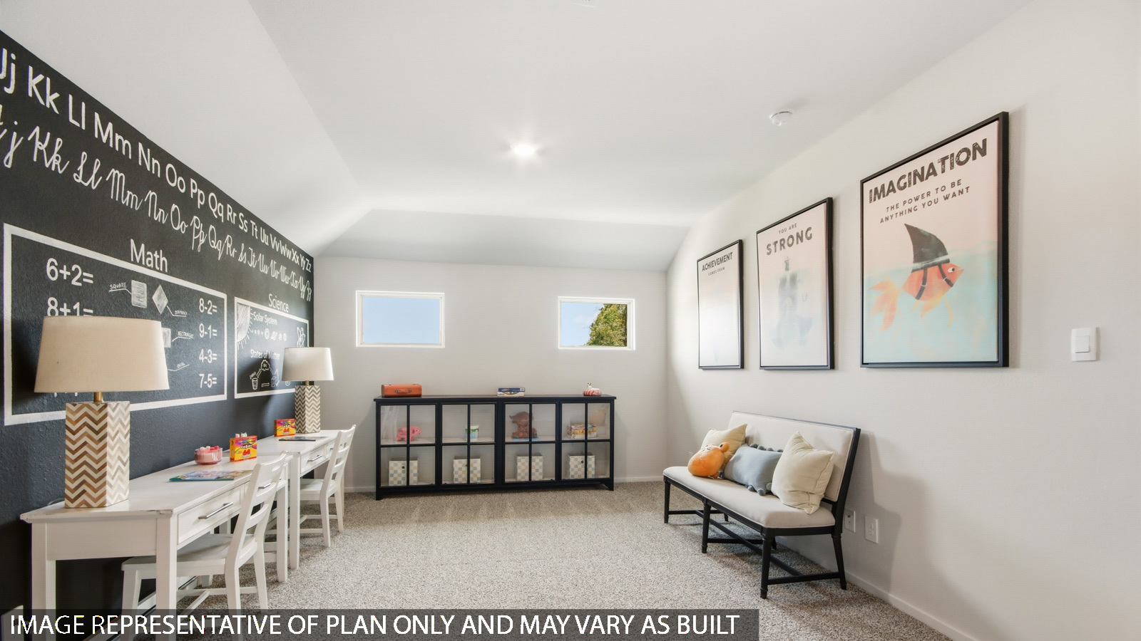 Second story game room with carpet flooring