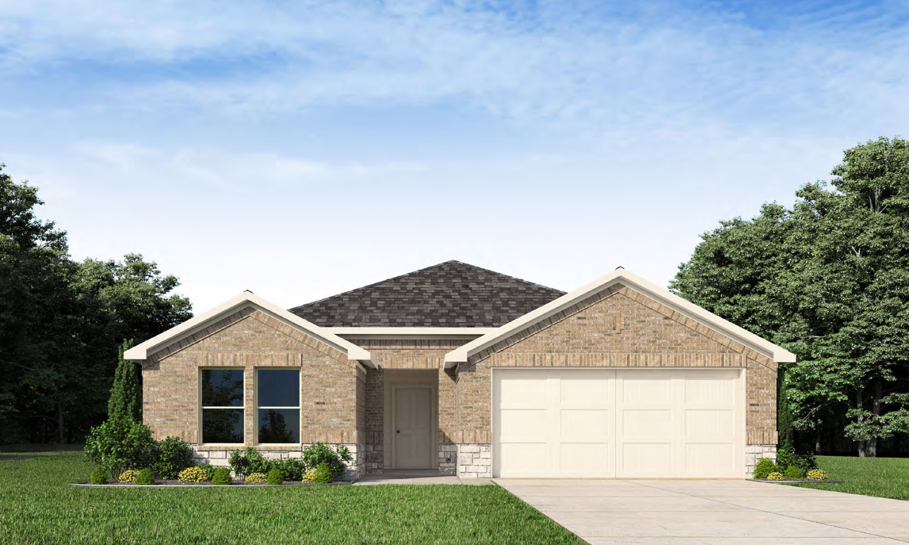 Single-story house rendering with two-car garage.