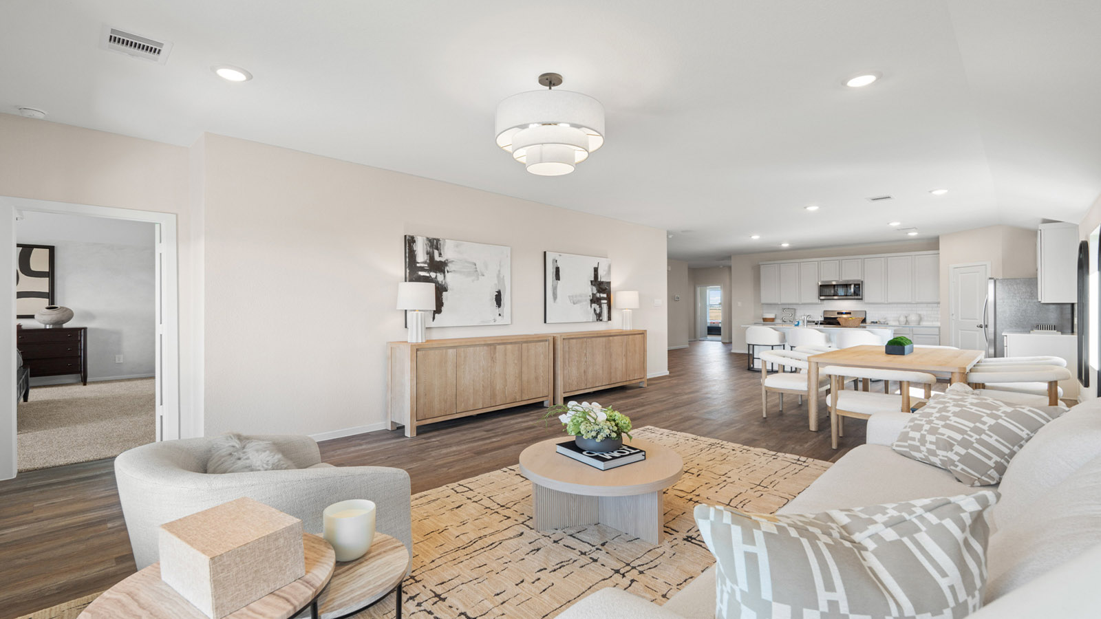 Open concept living, dining, and kitchen area