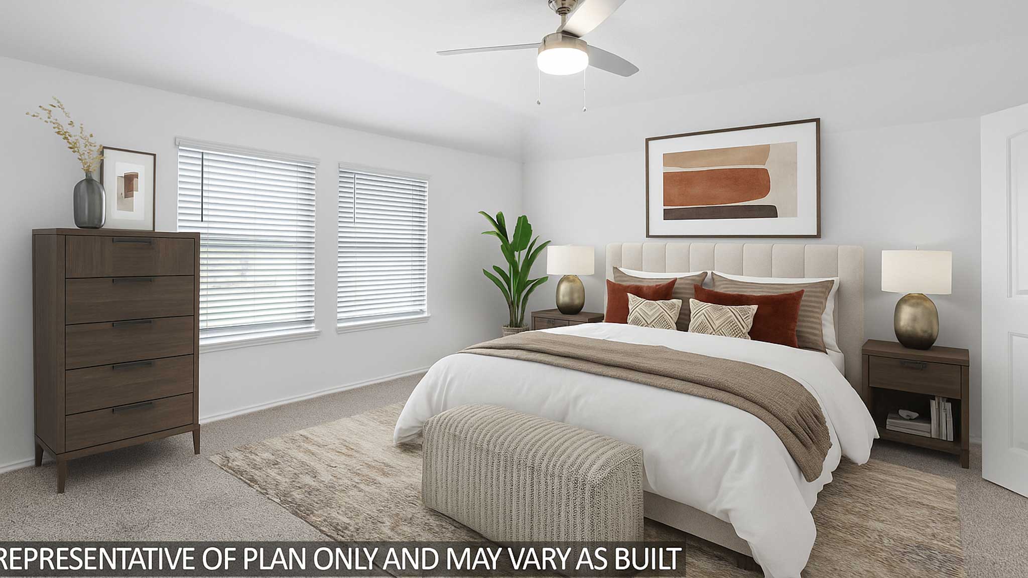 Staged primary bedroom with carpet flooring, a ceiling fan, and bright windows.