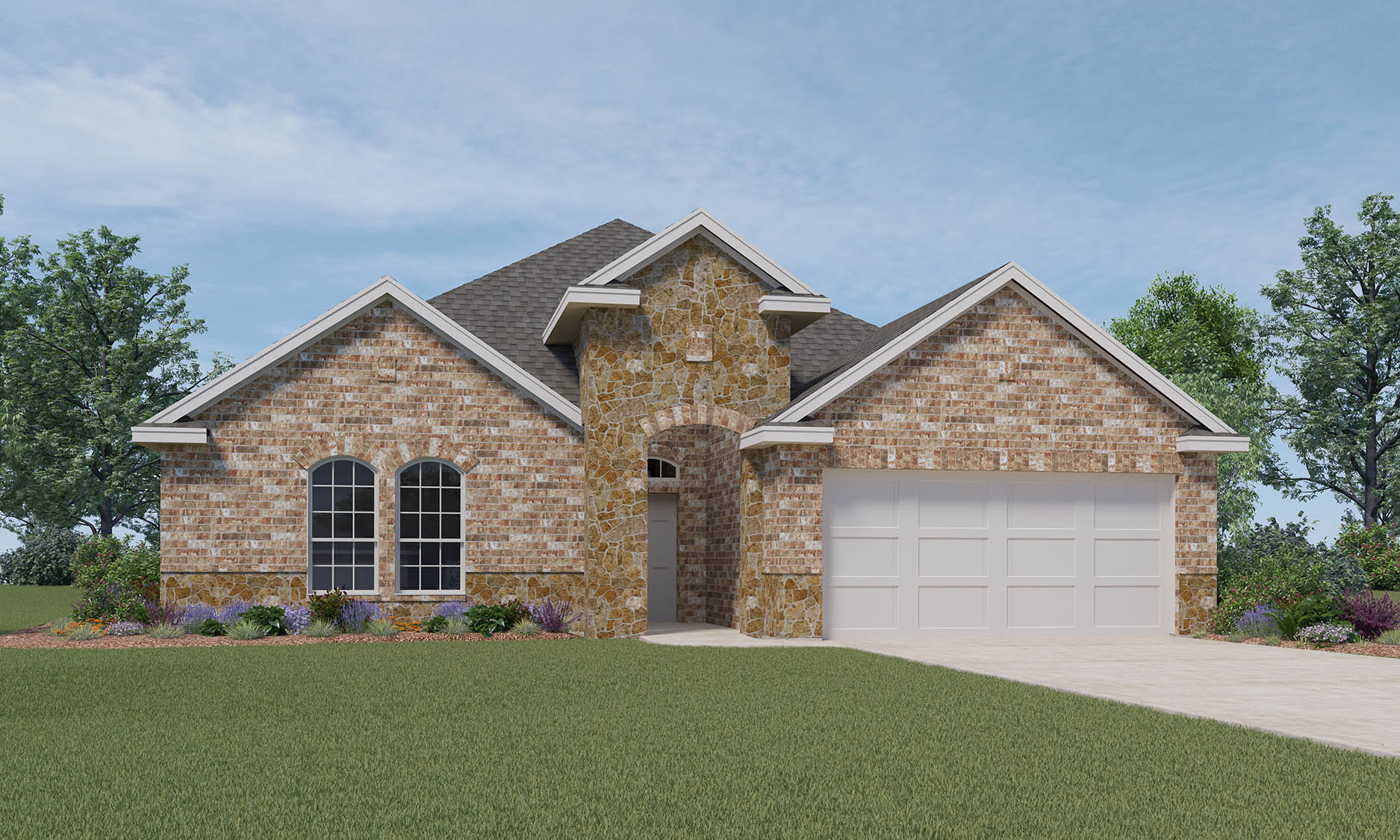 Single-story house rendering with two-car garage.