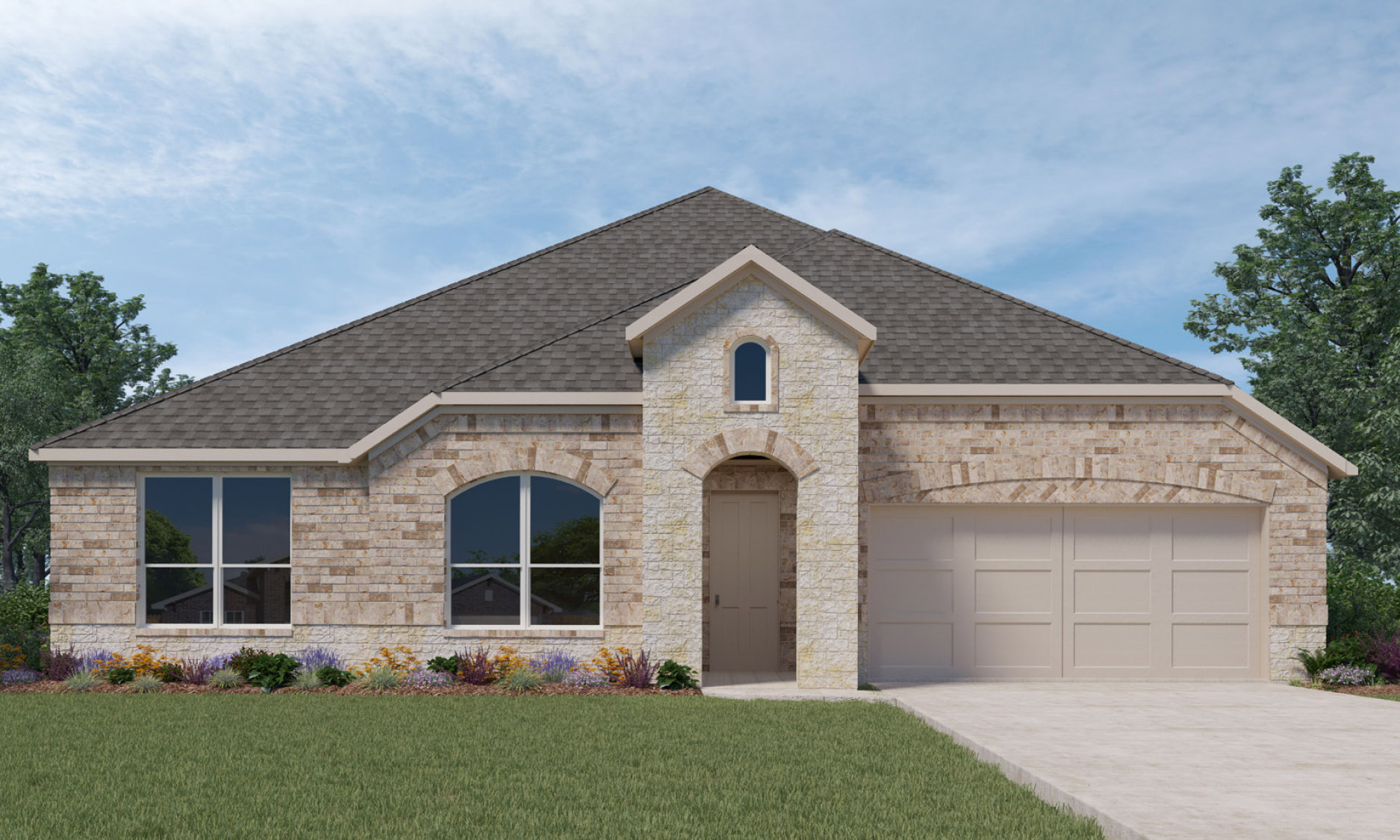 Single-story house rendering with two-car garage.