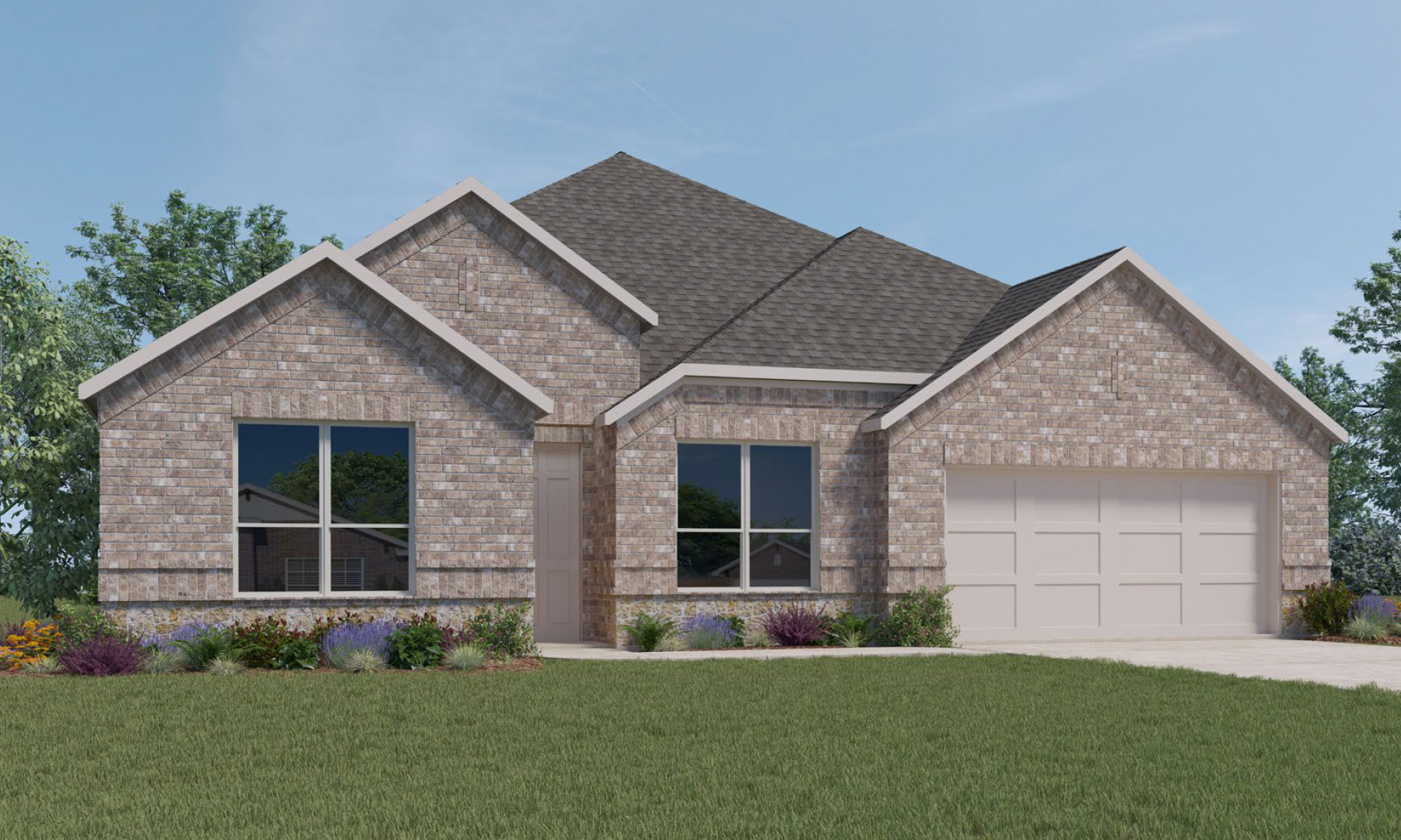 Single-story house rendering with two-car garage.