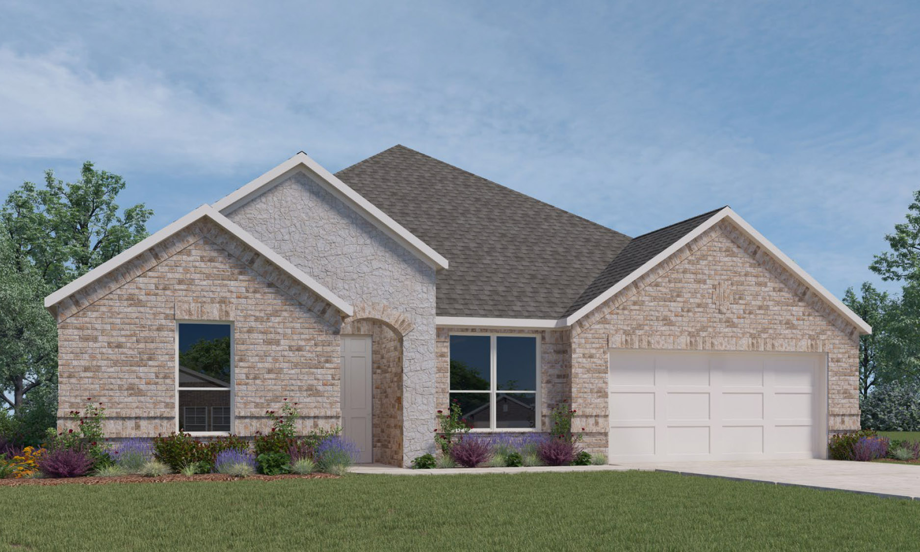 Single-story house rendering with two-car garage.