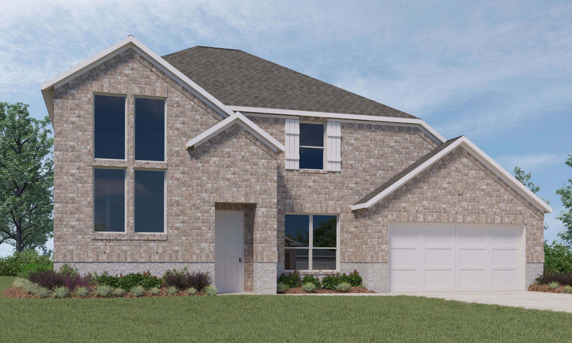 Two-story house rendering with two-car garage.