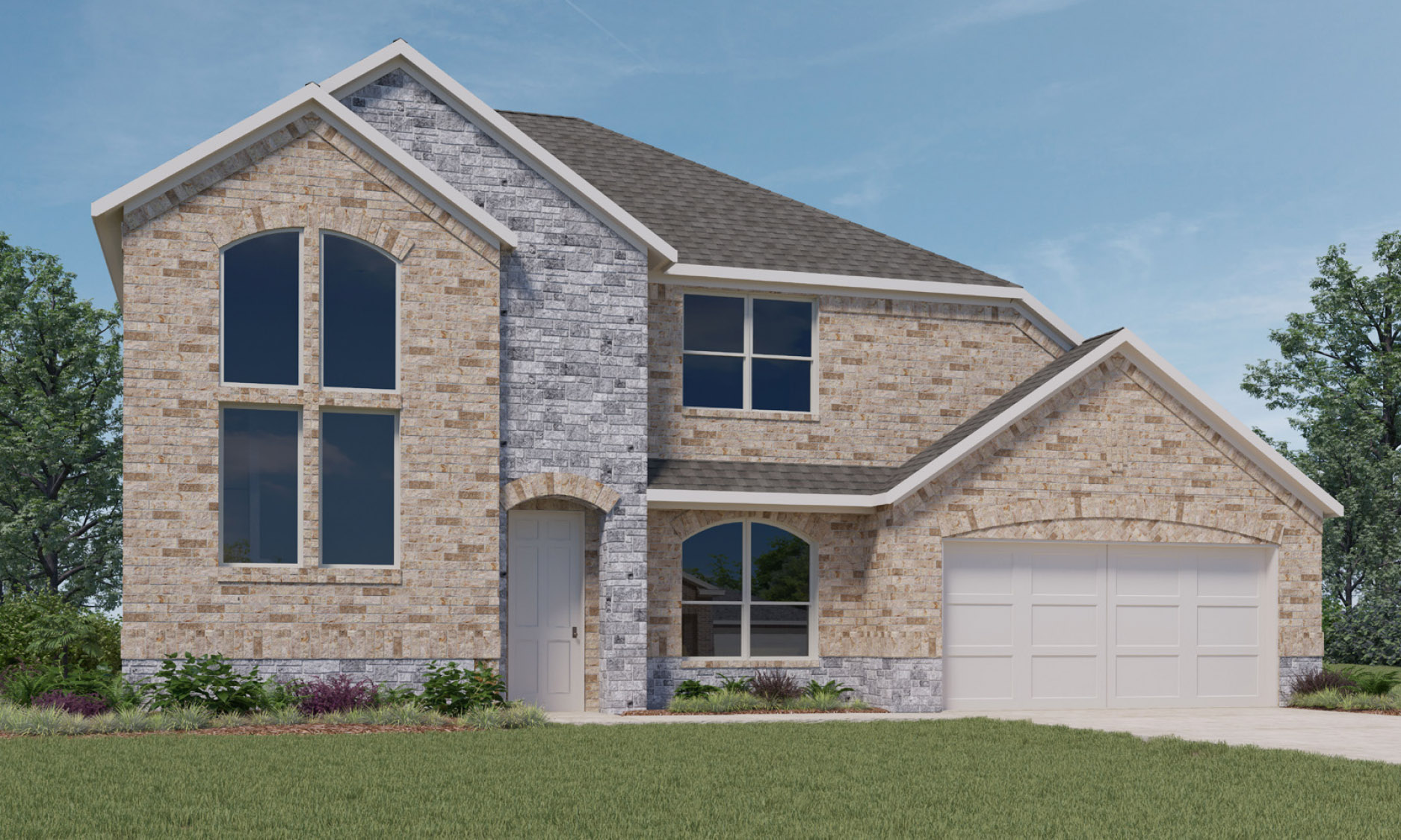 Two-story house rendering with two-car garage.