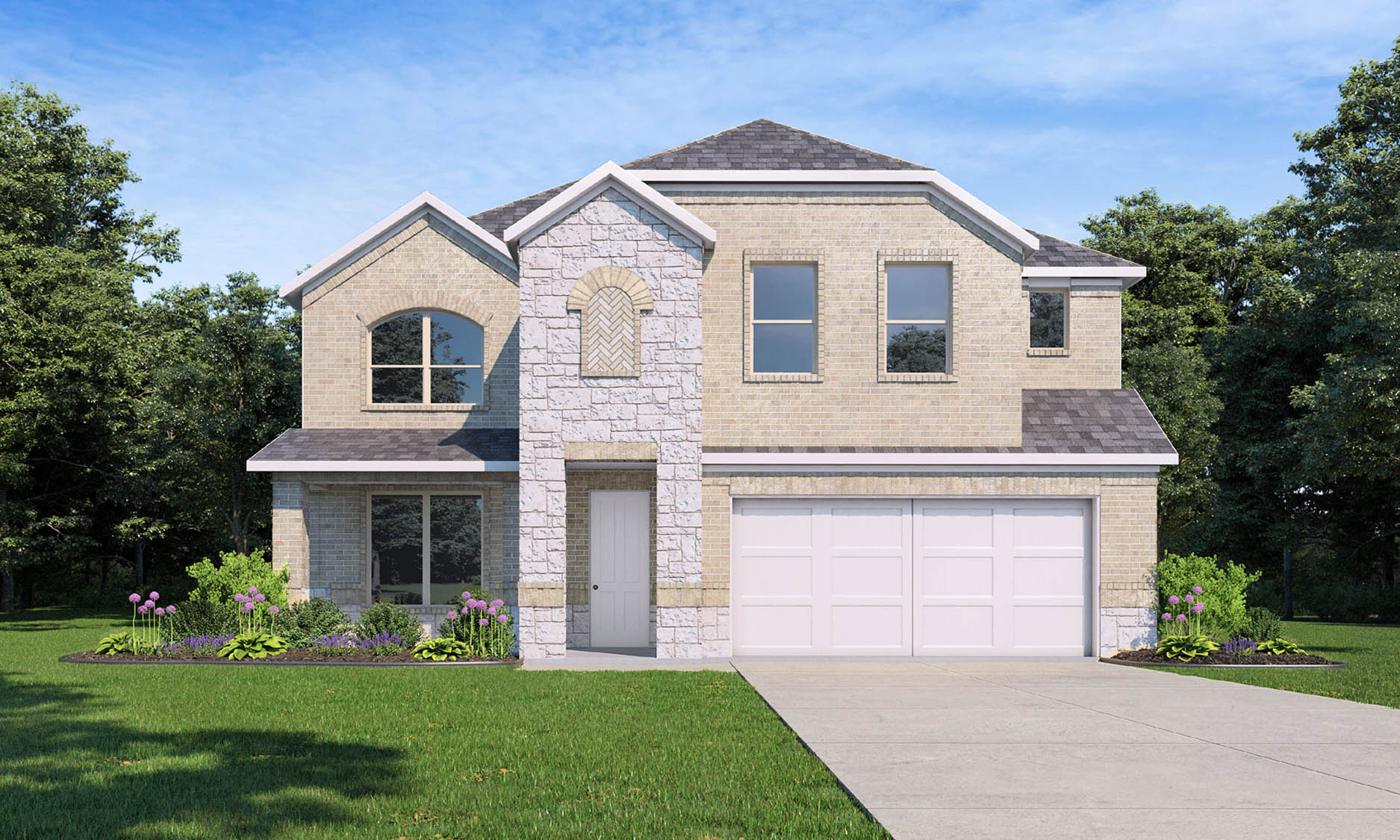 Two-story house rendering with two-car garage.