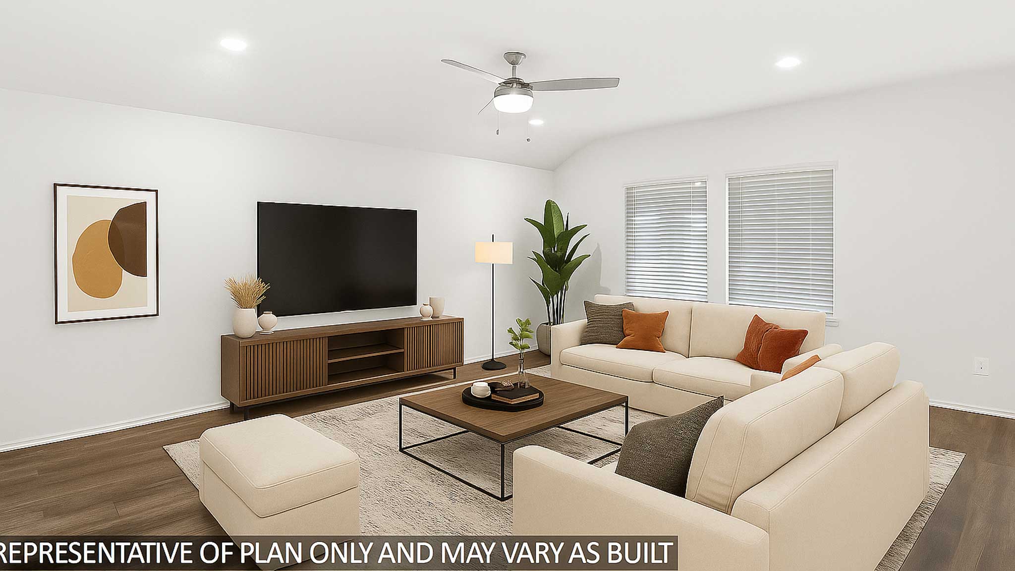 Staged living room with vinyl flooring and a ceiling fan.