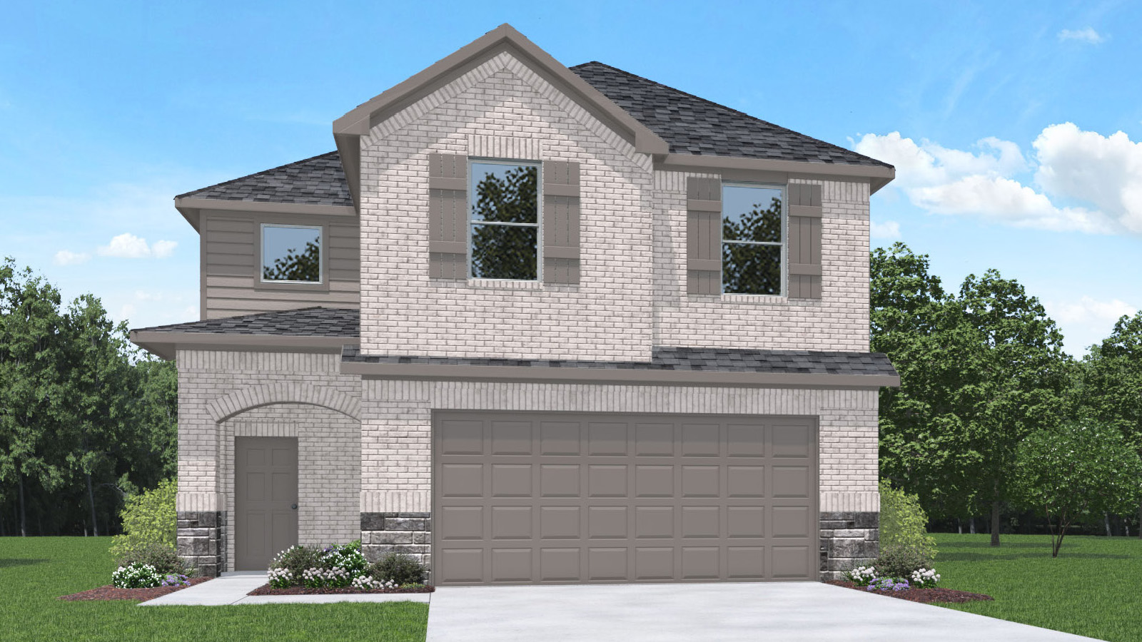 Large two-story home with brick and stone details