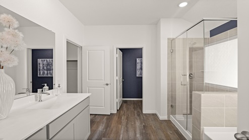primary bathroom with standing shower and tile tub